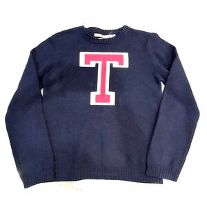 Tommy Hilfiger Women's Wool Blend Navy Blue Sweater with T Varsity Letter Sz Lrg